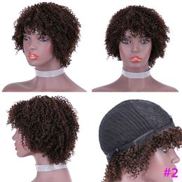 Darkest Brown Human Hair Short Wigs Afro Kinky Curly Malaysian Remy Glueless Non Lace Wig With Bangs For Black Women #2 Pixie Cut Curly Wig