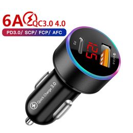 36W PD QC3.0+type c Car Charger usb-C LED Display 6A USB Fast Charger For Smartphone Samsung Huawei