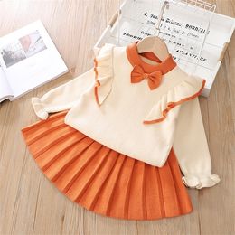 Autumn New Arrival Girls Fashion Ruffled 2 Pieces Suit with Kids Knitted Sets Top+skirt Girl