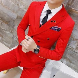 Red Jackets Pants Solid Colour Double Breasted Formal Business mens Suit Groom Wedding Suits for Men 2 pieces Party Prom Suit1203i