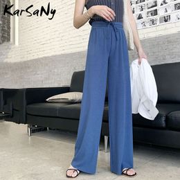 Summer Women Pants Wide Leg Trousers Ladies Thin Lace Up High Waist Loose Pants For Women Summer Ice Silk Wide Leg Pant Femme 201031