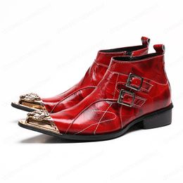 Winter Patchwork Men Shoes Genuine Leather Boots Fashion Metal Toe Boots Plus Size Ankle Boot Buckle Strap Boots