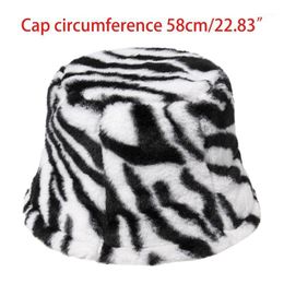 Wide Brim Hats Women Vintage Zebra Striped Fuzzy Plush Dome Bucket Hat Winter Thicken Warm Sunscreen Flat Top Panama Fisherman Cap1