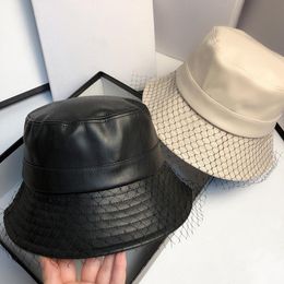 2021 New Bucket Hat Faux Leather Bucket Hats PU Solid Top Women's Fashion Cap Panama Fisherman Caps Elegant Net Yarn