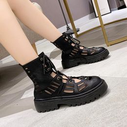 Mazefeng Brand 2020 Summer Women's Platform Ankle Booties Lace Up Stiletto Hollow Out Black and White Sexy Lady Boots Size 5-7