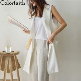 Colorfaith New Summer Women's Blazers Casual Jacket Vest One Button Cotton and Linen Pockets Split Wild Midi Tops JKV8070 201201
