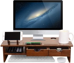 Bamboo Wood Monitor Stand Ergonomic Computer Riser with Storage Organiser Drawers Desktop Laptop Shelf Risers Cellphone Stand for Home