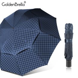 Double Layer Grid Big Rain Women 4Folding 10Ribs Windproof Business Men Sun Umbrella Family Travel Paraguas Parasol 201218