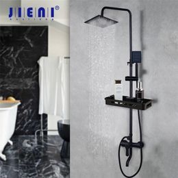 JIENI Matte Black Rainfall Shower Faucet Set Paint Black Bathtub Shower Mixer Faucet & Storage Shelf Bathroom Mixer Faucet Set LJ201212