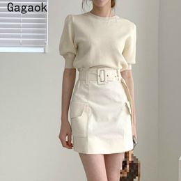 Gagaok Women Vintage Two Piece Set 2020 Summer New Solid O-Neck Puff Sleeve Knitted Chic Pullover + Sashes Bodycon Wild Skirt LJ201117