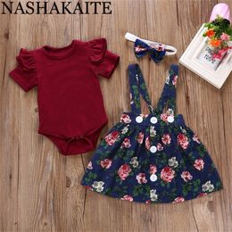 NASHAKAITE Newborn Solid Romper +Overalls Dress +Headband Suit Girl Clothes Set Summer Baby Outfits LJ201223
