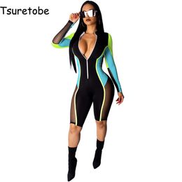 Tsureobe Sheer Mesh Shorts Jumpsuit Women Long Sleeve Zipper Bodycon Playsuit Female Fashion Romper Night Club Sexy Jumpsuit T200704