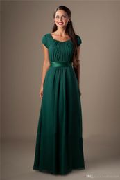 Green Long Chiffon Modest Bridesmaid Dresses With Short Sleeves A-line Temple Wedding Guests Dresses A-line Floor Maids of Honour Dresses