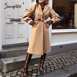 Simplee Fashion trend camel Womens coat British style long lace up warm wool jacket High street style winter outdoor coat 201218