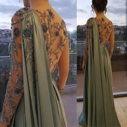 Arabic One Shoulder Olive Green Muslim Evening Dress with Cape Long Sleeves Dubai Women Prom Party Gowns Dresses Elegant Plus Size CG001