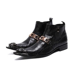 Chain Zipper Men Ankle Boots Fashion Autumn Winter Genuine Leather Metal Pointed Toe Formal Boots