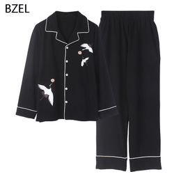 BZEL Black Sexy 2Pcs Pyjamas Sets Cotton Sleepwear Women's Winter Long Sleeve Home Clothes Pyjama Femme Lounge Wear Large Size 201109