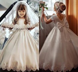 Lace Satin Flower Girl Dresses 2021 vestidos de desfile de niñas Jewel V-neck Applique Beaded Pearls Bow A-line Pricness Party Dress Kids