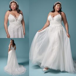 Stunning Beaded Plus Size Lace Wedding Dresses Sheer Deep V Neck A Line Backless Bridal Gowns Sweep Train robe de mariée