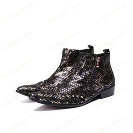 Autumn Winter Sequins Men Shoes Genuine Leather Boots New Fashion Pointed Toe Boots Plus Size Zipper Ankle Boots