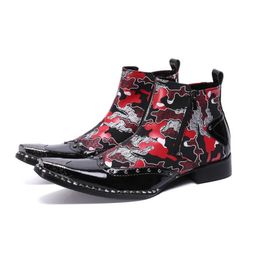 New Luxury Genuine Leather Men Ankle Boots Red Fashion Printing Martin Boots Fashion Men Rivet Casual Business Dress Shoes