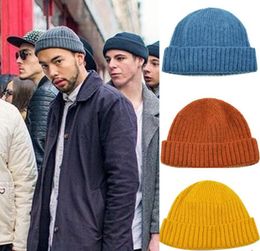 New Ribbed Knitted Cuffed Short Melon Cap Solid Color Skullcap Baggy Retro Ski Fisherman Docker Beanie Hat Slouchy