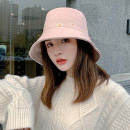 Women Hats Double Sided Daisy Flowers Print Cotton Bucket Hat Korea Autumn Panama Wide Brim Foldable Fisherman Hats Female Cap