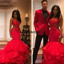 Red African Evening Dress Spagherri Straps Ruffles Cascading Skirt Formal Evening Party Gown Prom Occasion Wear