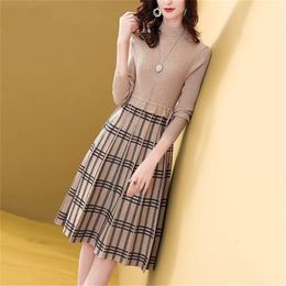 Women Dress Spring Autumn Winter O-Neck Long Sleeve A-line Simple Elegant Party Midi Dress Casual Knitted Dress Plus Size 35 201028