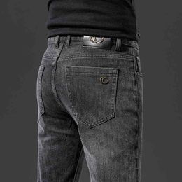 g Double Straight Brand Men's Wear Korean Jeans Slim Fit Small Foot Trend Dark Grey Cotton Elastic Pants