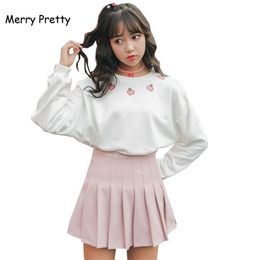 Merry Pretty Harajuku Women 2 piece Set Cotton Sweet Sweatshirt Peach Embroidery White Hoodies and strawberry denim pants sets 201212