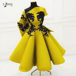 Real Image Gold Lace Puffy A-line Tea Length Evening Dresses 2020 Ruffles One Shoulder Formal Party Dress Modest Prom Gowns LJ201120