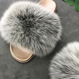 Yu Kube High Quality Plush Furry Real Fur Slippers N Ladies Real Fox Hair Slides Summer Shoes Women Plus Size Flip Flops Y200106