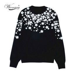 Women Fashion Pullover White Floral 3D Beading Slim Autumn Winter Sweater Simple Vintage Knitted Top Slim Blusas C-034 201031
