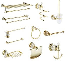 Polished Gold Bathroom Accessories White Crystal Bath Decoration Bathroom Hardware Set Solid Brass Double Towel Ring Holder LJ201211