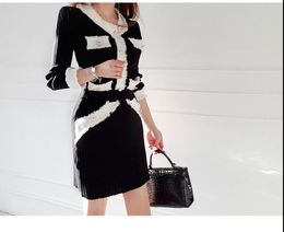 2021 Black New Fashion Single Breasted Office Work Sweater Two Piece Set Women Knitting Hit Colour Cardigans + Bodycon Mini Skirt Suit