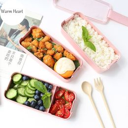 Green/Pink/Beige Lunch Box Wheat Tableware Eco-friendly Plastic Microwavable Dinnerware Set Bento Box Food Container For Kids Y200429