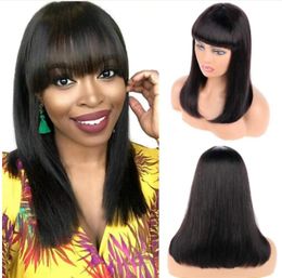 12 Inch Straight Brazilian Human Hair Wig with Bangs 130% Density None Lace Wigs