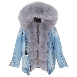 Maomaokong natural fox fur big fur collar Jacket jacket denim Loose fashion fur Removable lining Park leather coat women's cloth 201217