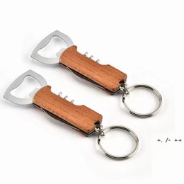 Creative 3 in 1 Keychain Beer Bottle Opener Stainless Steel Multifunctional Wood Handle Screw Corkscrew Wine Kitchen Tool BBB14424