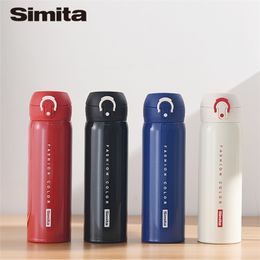 SIMITA Korean Style Blue Double Wall Stainless Steel Vacuum Flask Tumbler Colourful Tritan Office School Water Bottle Girl 500ML 201204