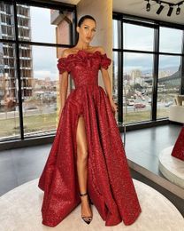 Aso Ebi New Sexy Dark Red Sequined Lace Prom Dresses Off Shoulder Sequins High Split Floor Length Formal Evening Dress Wear Party Gowns