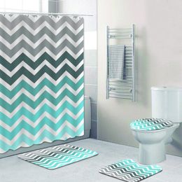 Teal Grey Aqua Blue Chevron Pattern Shower Curtain Bathroom Curtains Set Geometric Bath Mat Rug Carpet for Toilet Zigzag Decor 201030