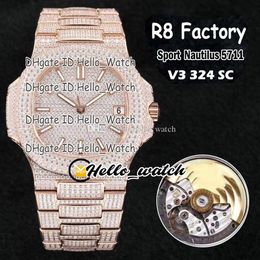 R8F V3 Upgrade 40mm 5711 Cal.324 S C Automatic Mens Watch Gypsophila Diamond Dial Rose Gold Full Diamond Bracelet Sport Watches Hello_Watch