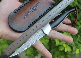 1Pcs New Damascus EDC Pocket Folding Blade Knife VG10 Damascus Steel Blade Ebony + Steel Sheet Handle With Leather Sheath