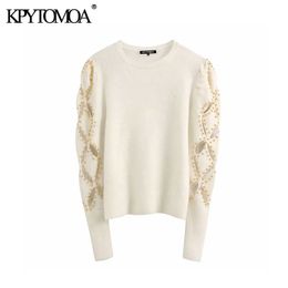 Vintage Stylish Beading Appliques Knitted Sweater Women 2020 Fashion O Neck Hollow Out Sleeve Female Pullovers Chic Tops LJ201114