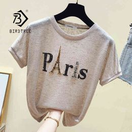 Ins Short Sleeve Paris Eiffel Tower Beaded Tshirt Summer Women Shinny Cotton O Necks Loose Casual Girls Tops Tees T13115X 220207