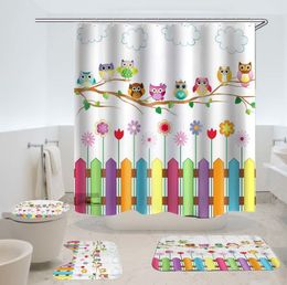 Bathroom Set with Shower Curtain Non-Slip Rugs Toilet Lid Cover and Bath Mat Fabric Waterproof Cartoon Owl Shower Curtain Kids T200711