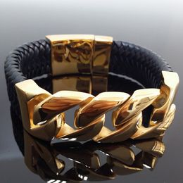 9.05"*24mm 100g New Fashion Smooth Jewelry Stainless Steel Gold Curb Chain Mens Boys Bracelet Bangle With Genuine Leather F1201