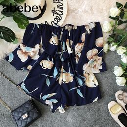 Fashion New Off Shoulder Sexy Summer Floral Print Rompers Short Jumpsuit Casual Women Playsuit Beach Holiday High Waist Romper T200704